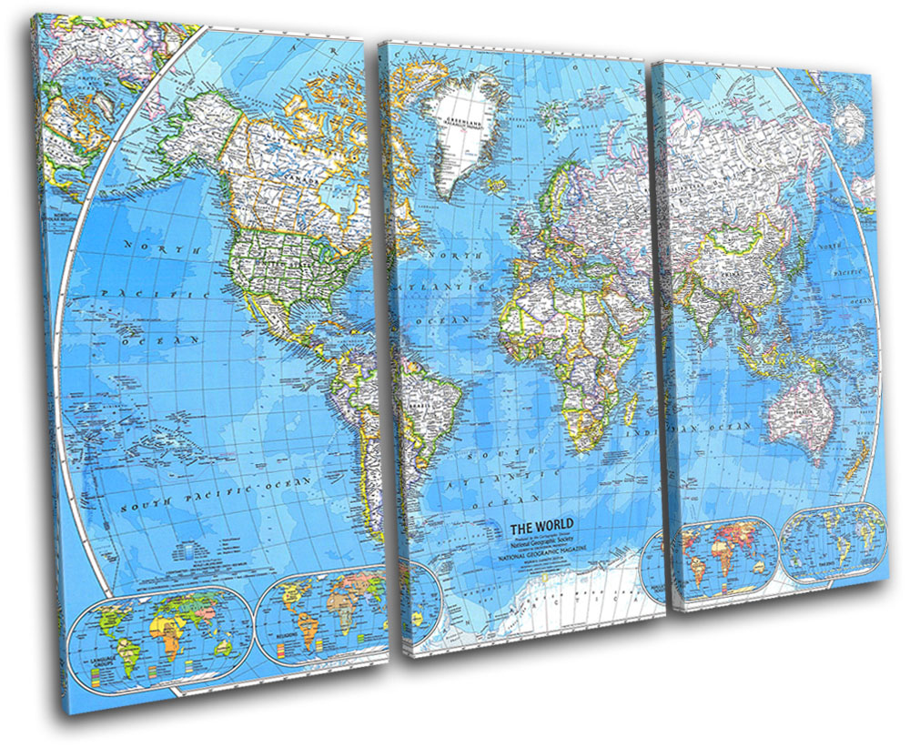 World Atlas FLAGS & MAPS  Canvas Art Print Box Framed Picture Wall Hanging BBD