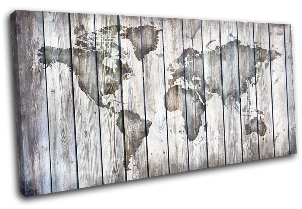 World Atlas Vintage Wood Maps Flags Single Canvas Wall Art Picture Print Ebay