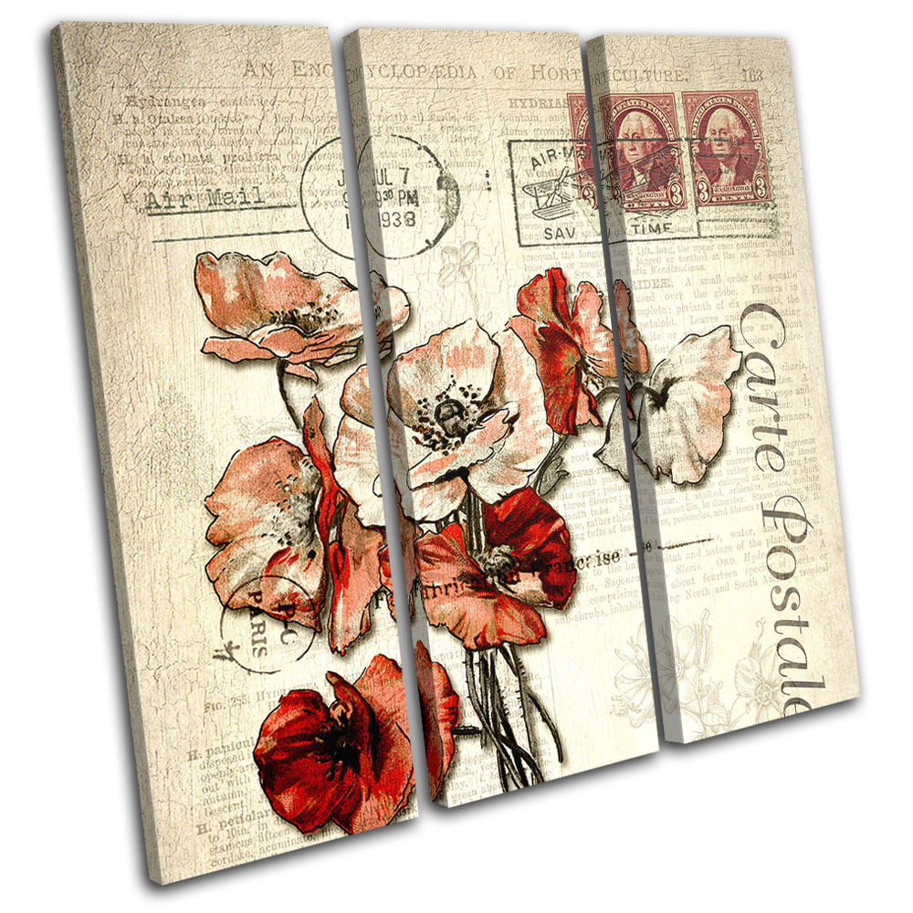 Red Flower Vintage Shabby Chic Floral Treble Canvas Wall Art